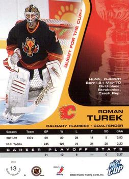 2002-03 Pacific Quest for the Cup #13 Roman Turek Back