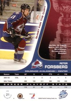 2002-03 Pacific Quest for the Cup #21 Peter Forsberg Back