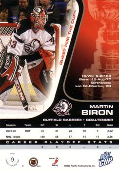 2002-03 Pacific Quest for the Cup #9 Martin Biron Back