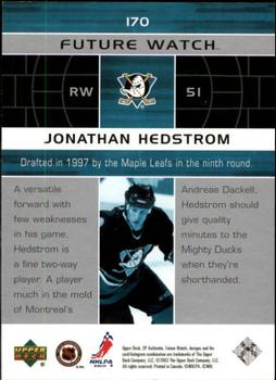 2002-03 SP Authentic #170 Jonathan Hedstrom Back