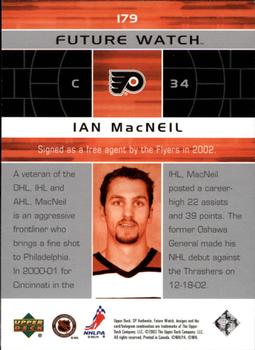 2002-03 SP Authentic #179 Ian MacNeil Back