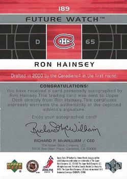 2002-03 SP Authentic #189 Ron Hainsey Back