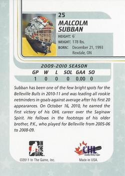 2010-11 In The Game Between The Pipes #25 Malcolm Subban Back