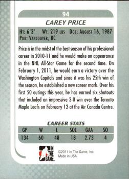 2010-11 In The Game Between The Pipes #94 Carey Price Back