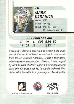2010-11 In The Game Between The Pipes #74 Mark Dekanich Back