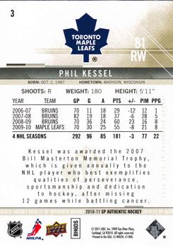 2010-11 SP Authentic #3 Phil Kessel Back
