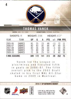 2010-11 SP Authentic #4 Thomas Vanek Back