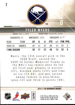 2010-11 SP Authentic #7 Tyler Myers Back