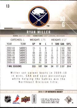 2010-11 SP Authentic #13 Ryan Miller Back