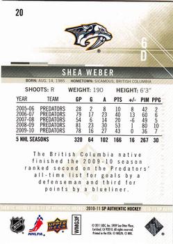 2010-11 SP Authentic #20 Shea Weber Back