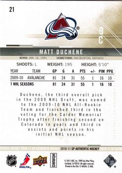 2010-11 SP Authentic #21 Matt Duchene Back