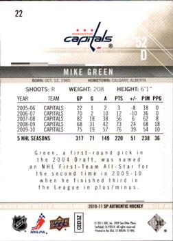 2010-11 SP Authentic #22 Mike Green Back