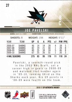 2010-11 SP Authentic #27 Joe Pavelski Back