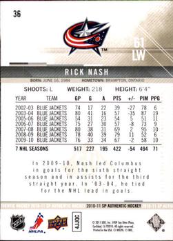2010-11 SP Authentic #36 Rick Nash Back