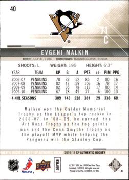 2010-11 SP Authentic #40 Evgeni Malkin Back