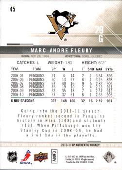 2010-11 SP Authentic #45 Marc-Andre Fleury Back