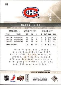 2010-11 SP Authentic #46 Carey Price Back