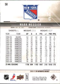 2010-11 SP Authentic #58 Mark Messier Back