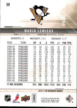 2010-11 SP Authentic #59 Mario Lemieux Back