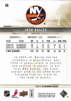 2010-11 SP Authentic #66 Josh Bailey Back