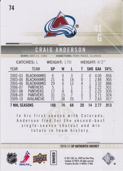 2010-11 SP Authentic #74 Craig Anderson Back