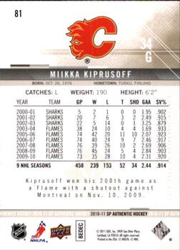 2010-11 SP Authentic #81 Miikka Kiprusoff Back