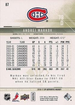 2010-11 SP Authentic #87 Andrei Markov Back