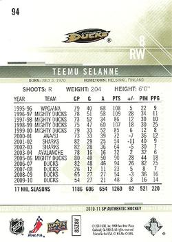2010-11 SP Authentic #94 Teemu Selanne Back