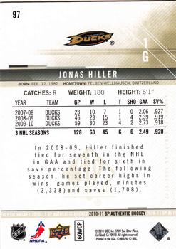 2010-11 SP Authentic #97 Jonas Hiller Back