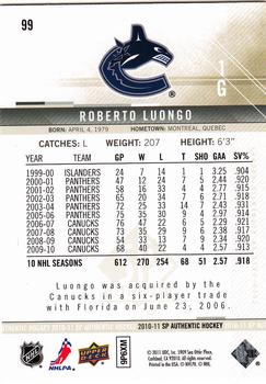 2010-11 SP Authentic #99 Roberto Luongo Back