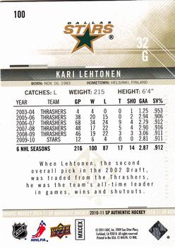 2010-11 SP Authentic #100 Kari Lehtonen Back