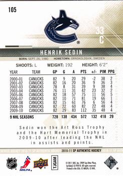 2010-11 SP Authentic #105 Henrik Sedin Back