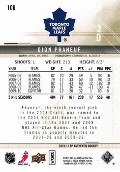 2010-11 SP Authentic #106 Dion Phaneuf Back
