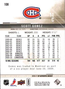 2010-11 SP Authentic #108 Scott Gomez Back