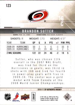 2010-11 SP Authentic #123 Brandon Sutter Back