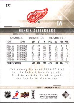 2010-11 SP Authentic #127 Henrik Zetterberg Back