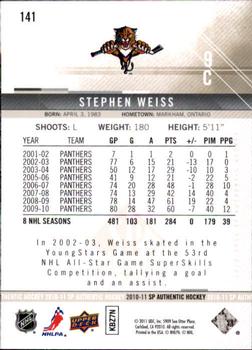 2010-11 SP Authentic #141 Stephen Weiss Back