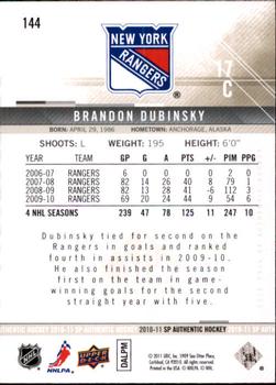 2010-11 SP Authentic #144 Brandon Dubinsky Back