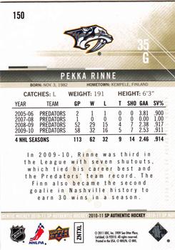 2010-11 SP Authentic #150 Pekka Rinne Back