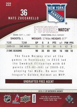 2010-11 SP Authentic #222 Mats Zuccarello-Aasen Back