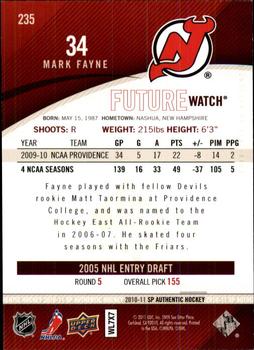 2010-11 SP Authentic #235 Mark Fayne Back