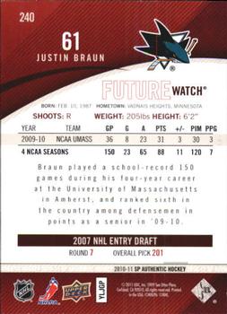 2010-11 SP Authentic #240 Justin Braun Back