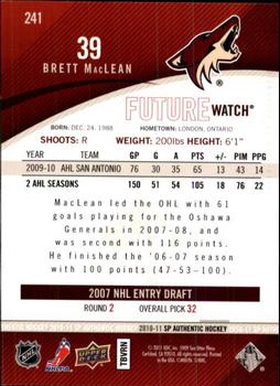 2010-11 SP Authentic #241 Brett MacLean Back