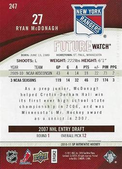 2010-11 SP Authentic #247 Ryan McDonagh Back