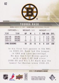 2010-11 SP Authentic #82 Tuukka Rask Back