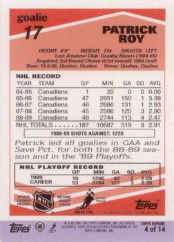 2002-03 Topps - Patrick Roy Reprints #4 Patrick Roy Back