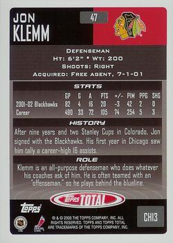 2002-03 Topps Total #47 Jon Klemm Back