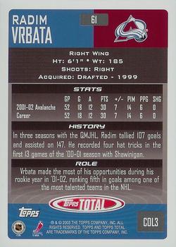 2002-03 Topps Total #61 Radim Vrbata Back