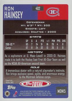 2002-03 Topps Total #402 Ron Hainsey Back