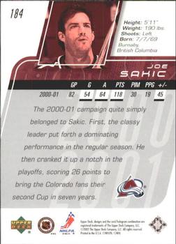 2002-03 Upper Deck #184 Joe Sakic Back